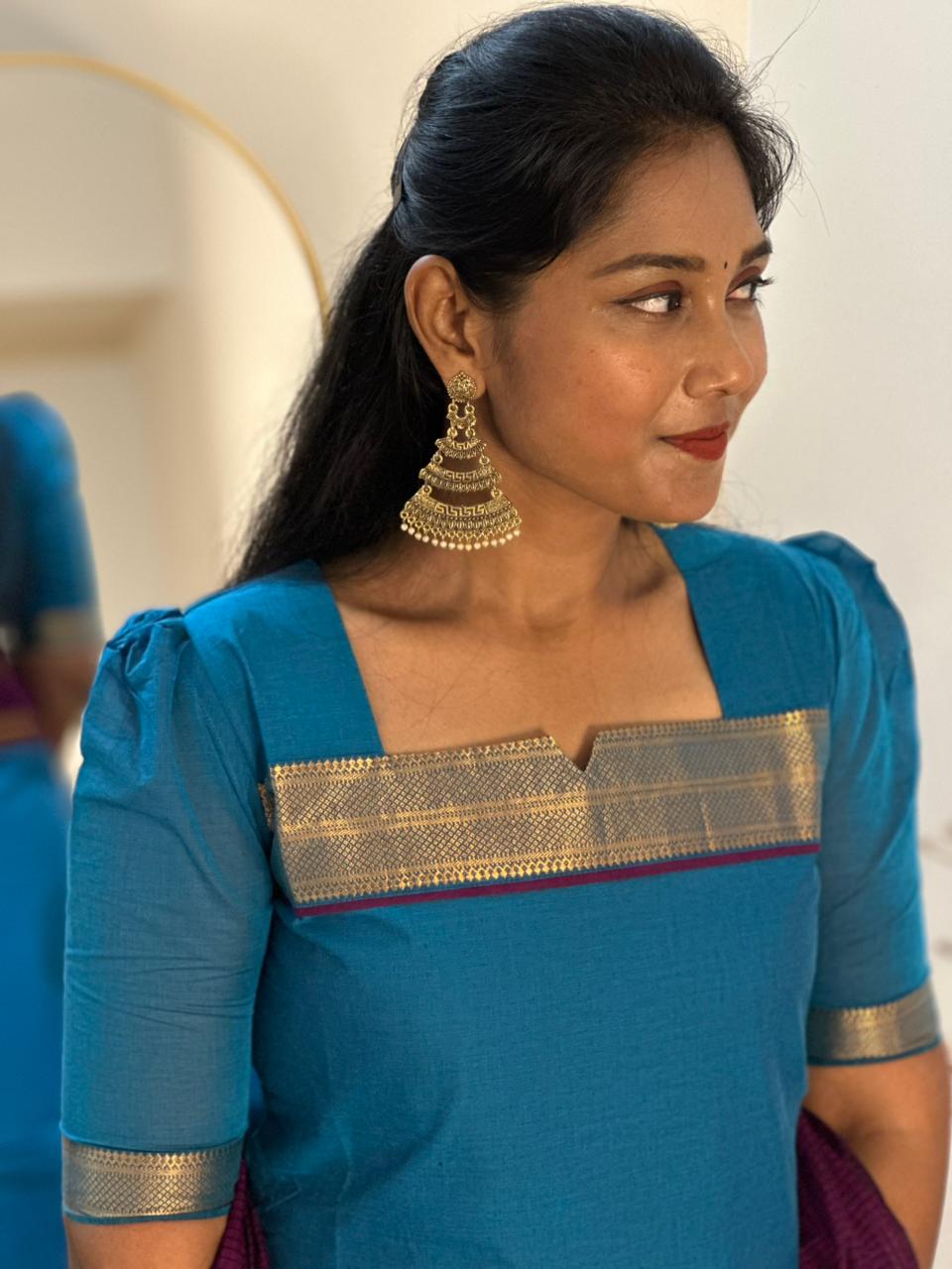 SIYA071 Blue | Ishira Mangalagiri Cotton Kurta Set (3-Piece)