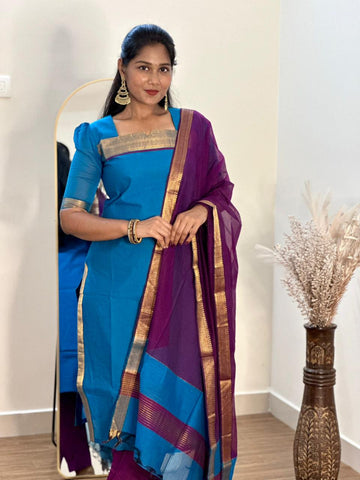 SIYA071 Blue | Ishira Mangalagiri Cotton Kurta Set (3-Piece)